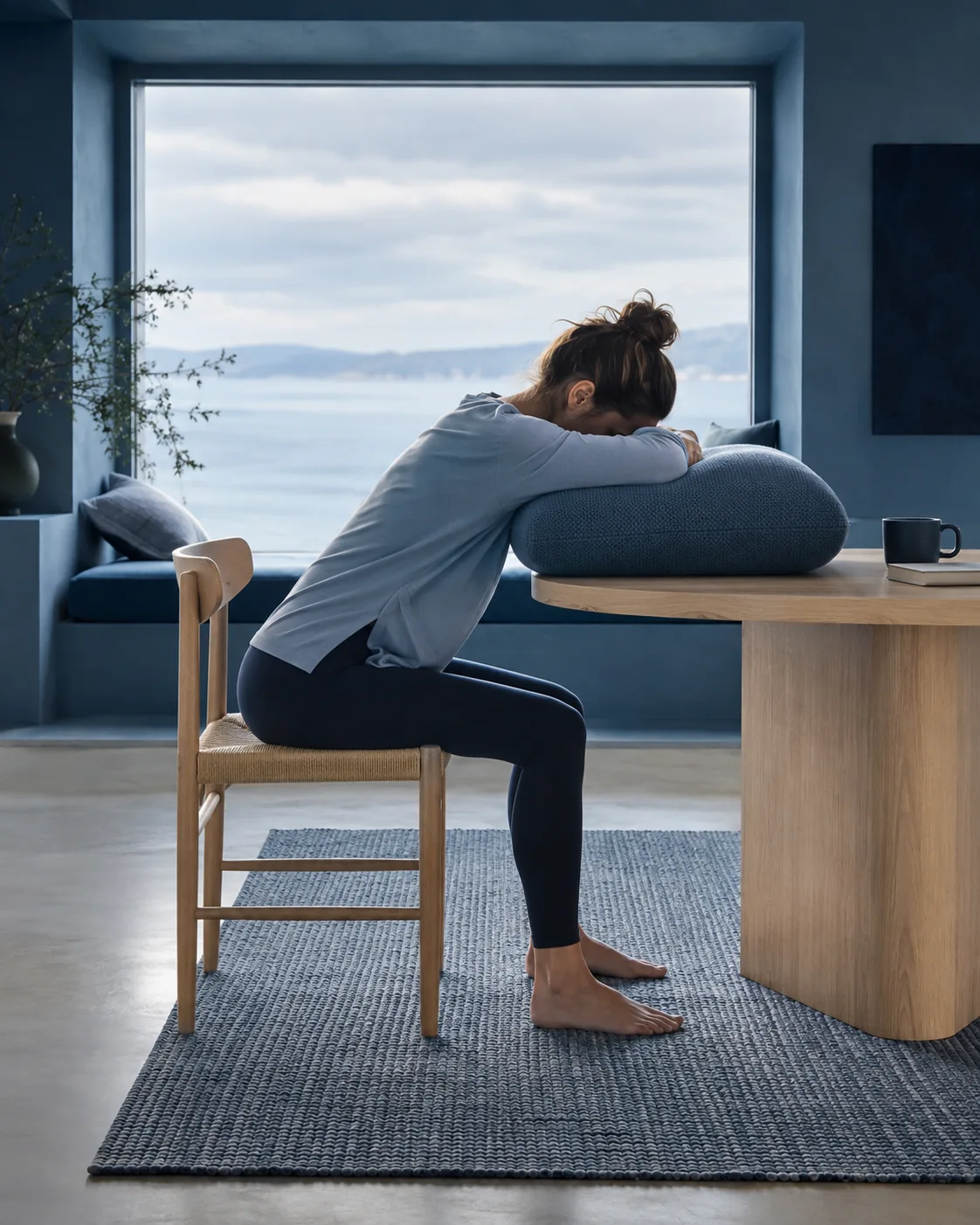 Woman seated with her head and arms resting on a cushion in front of her.