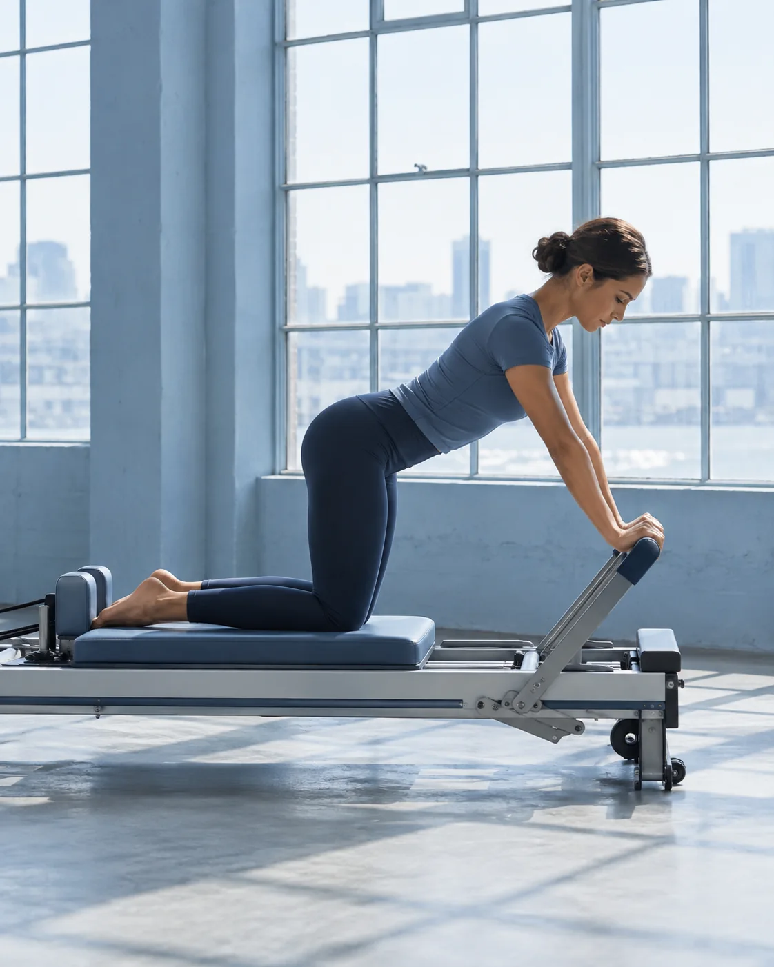 Woman controlling a small kneeling movement with both hands supported on a reformer footbar.