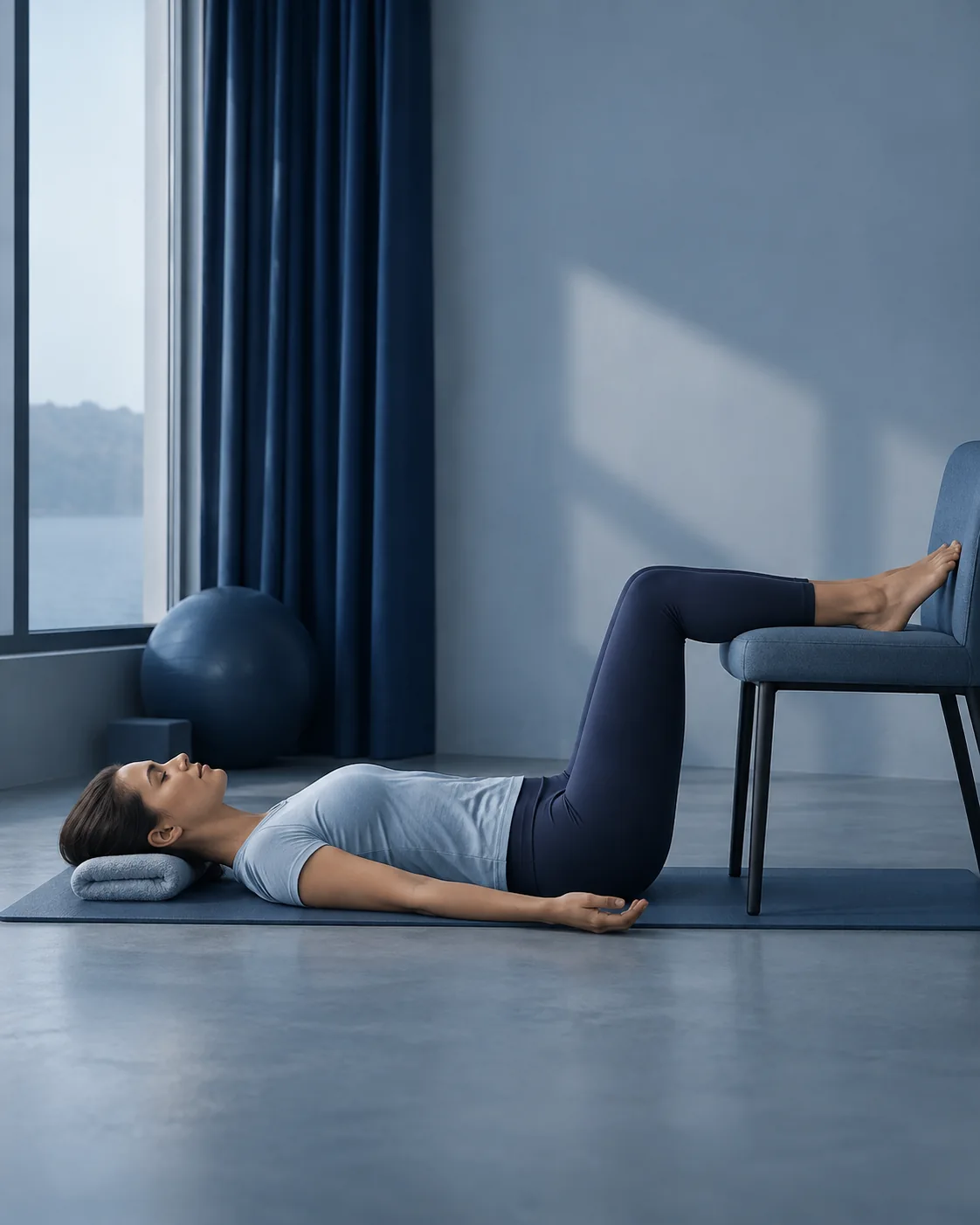 Woman resting with both lower legs fully supported on a chair.