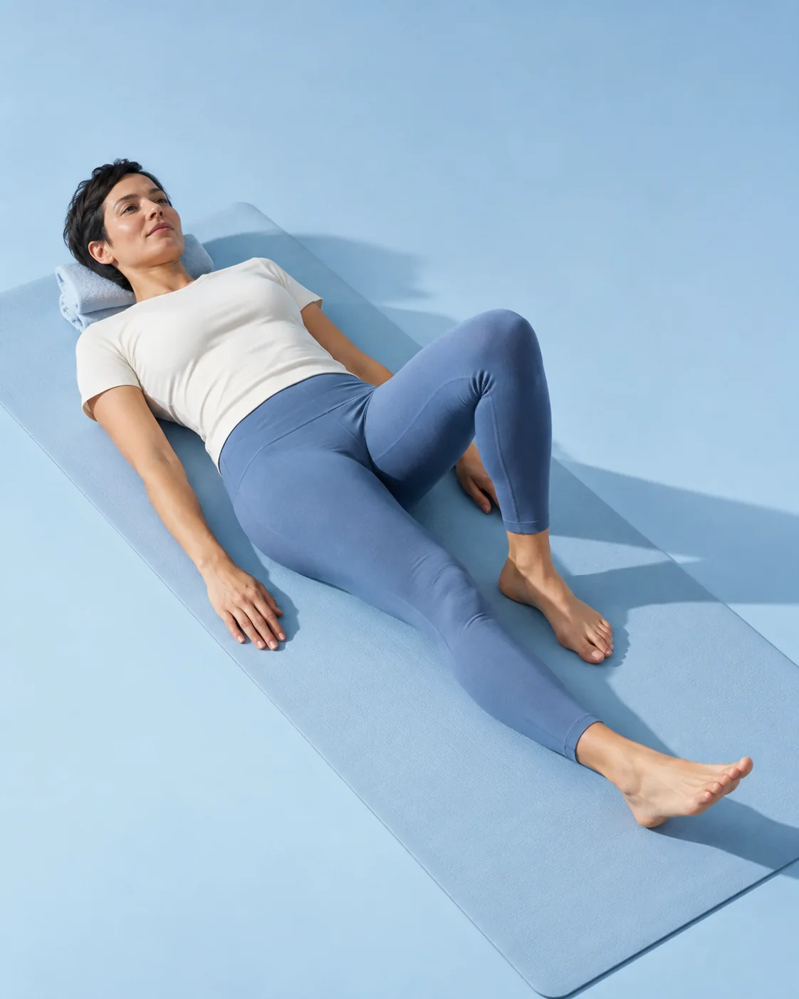 Woman practising a gentle heel slide while lying on a mat.