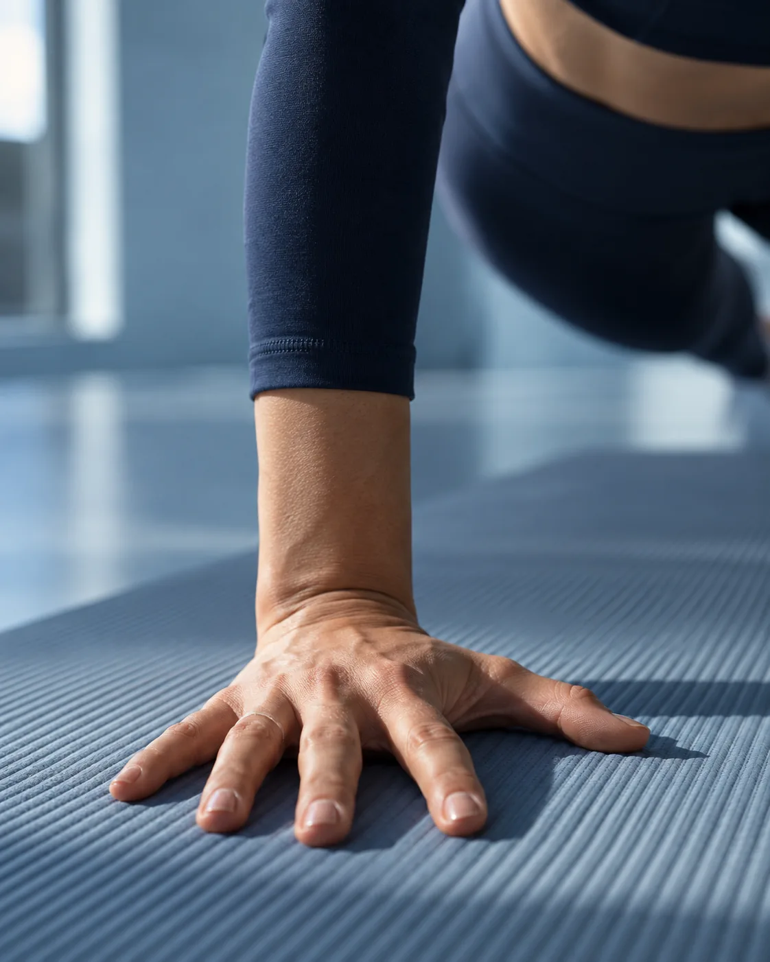 A palm resting firmly on a textured mat during practice.