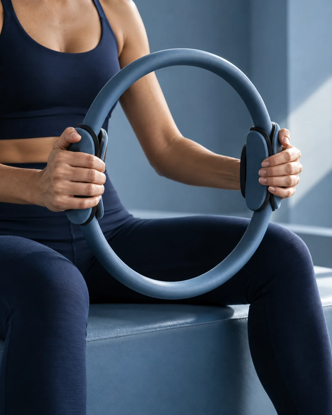 Hands applying a small controlled press to a Pilates ring.