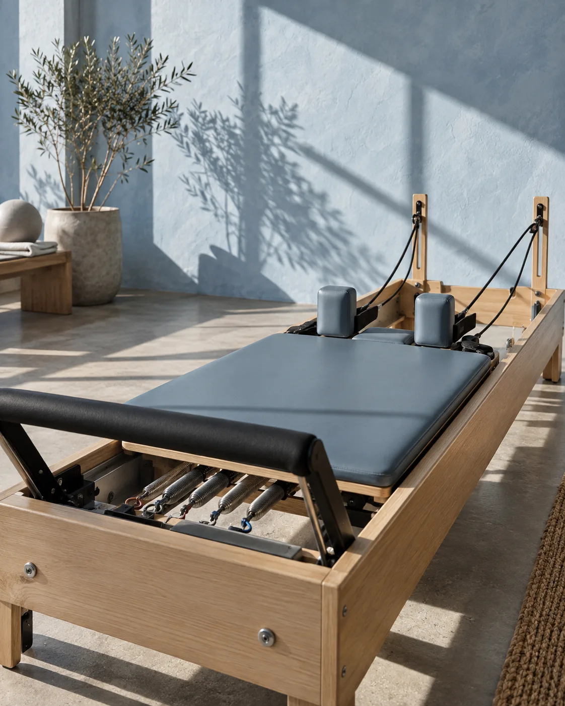 A reformer with a padded carriage, footbar and straps.