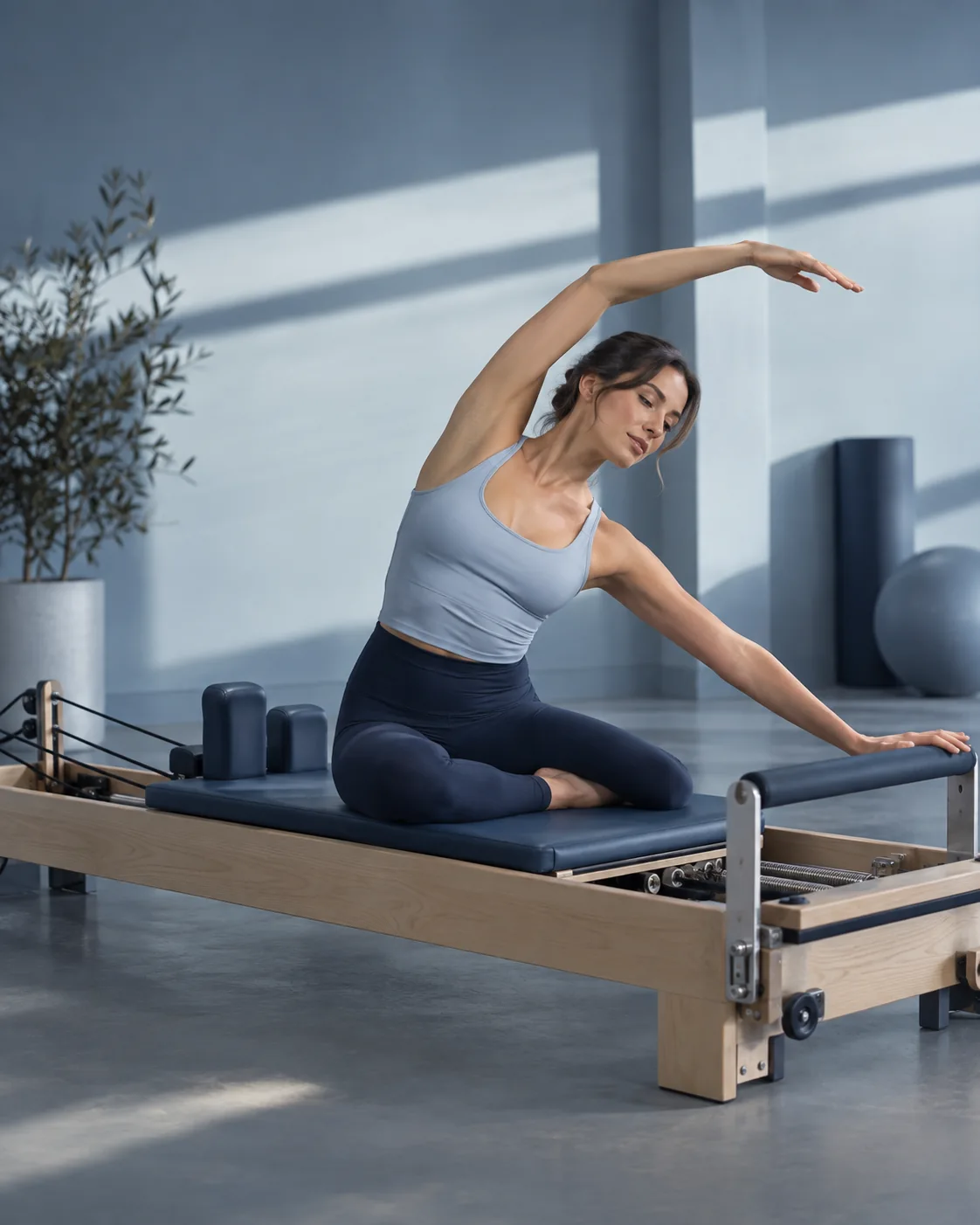 Woman making a supported side bend while seated on a reformer.