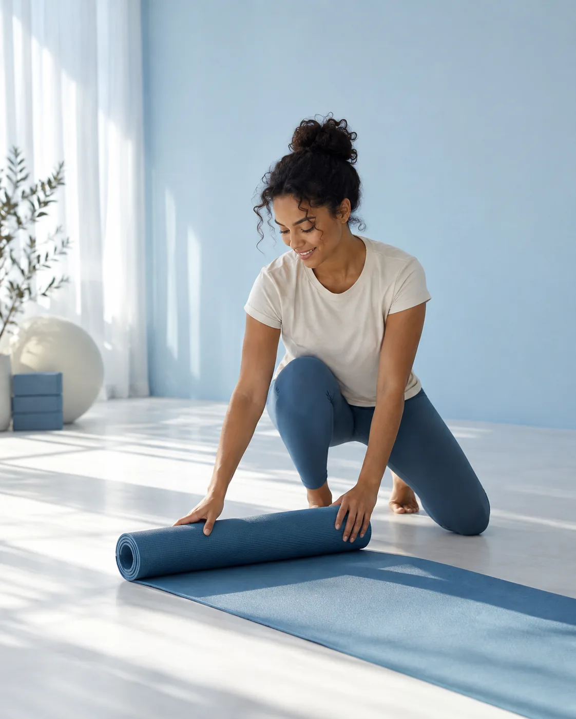 Woman kneeling to unroll a Pilates mat.
